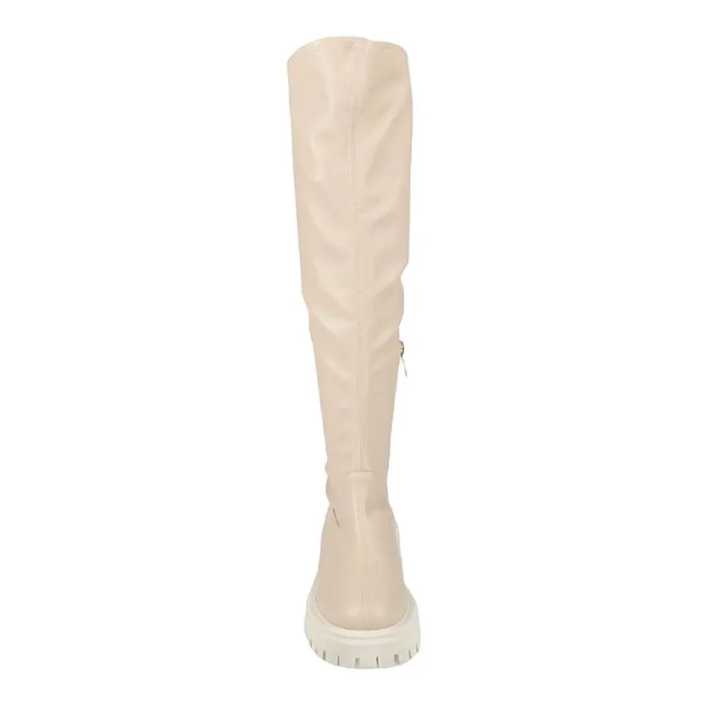 Beige Above Knee Tall Chunky Heel Combat Boots NEW